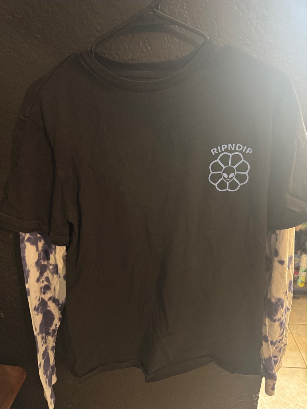 Ripndip Black Tee with Blue Flower Logo and Tie-Dye Sleeves